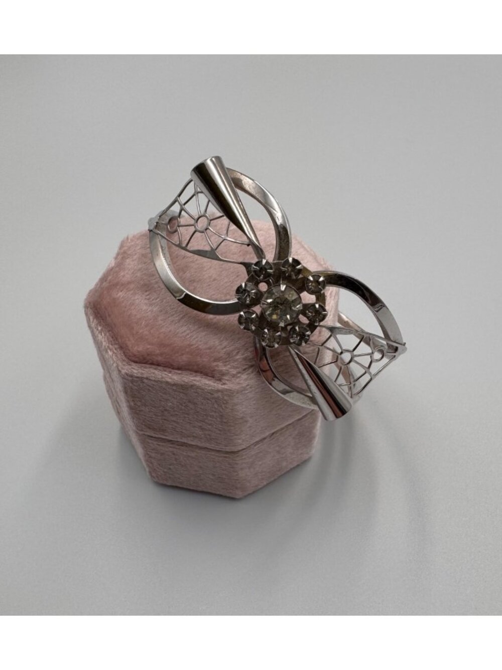 Vintage Spider Web Lace Filigree Rhinestone Clamper Bracelet Silver Tone